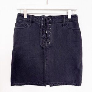 Paige Denim Iris Lace Up Tie Front High Rise Jean Pencil Mini Skirt Black 24